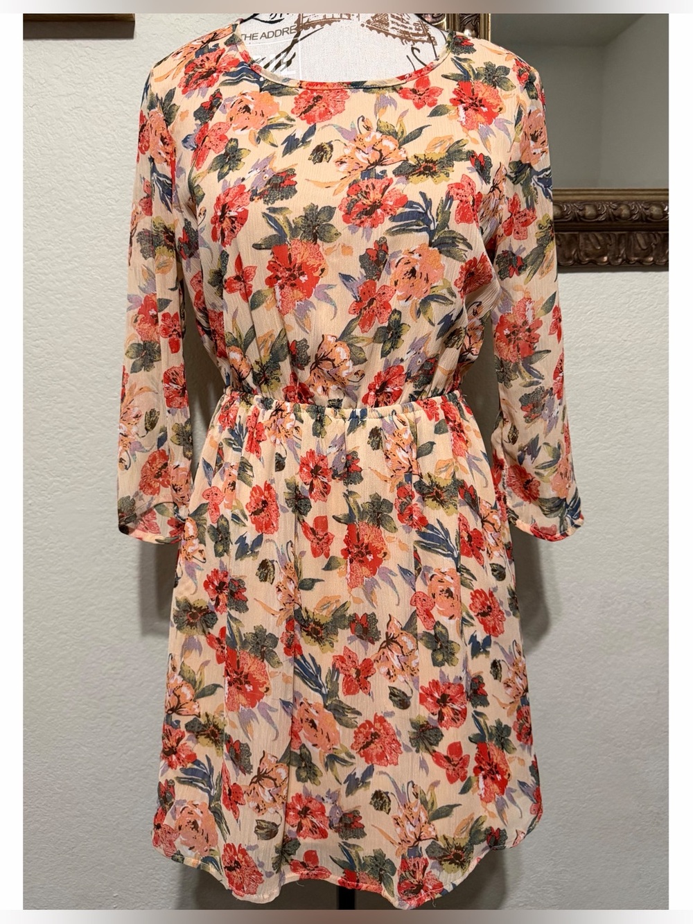 Mimi Chica Peach Floral Long-Sleeve Fit-and-Flare Dress